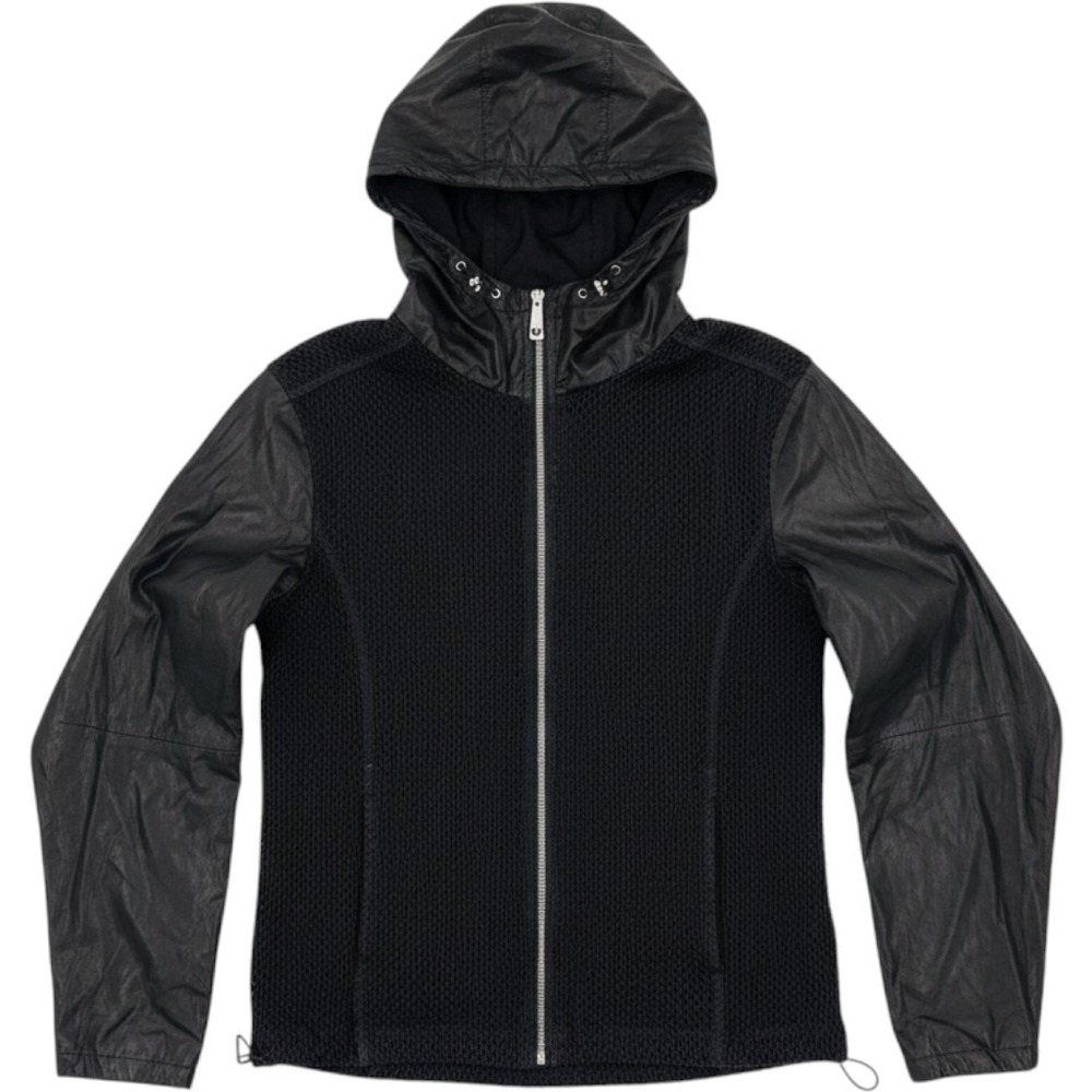 True Religion Mens Mesh Anorak Jacket Black Hooded Full Zip Y2K Logo Large